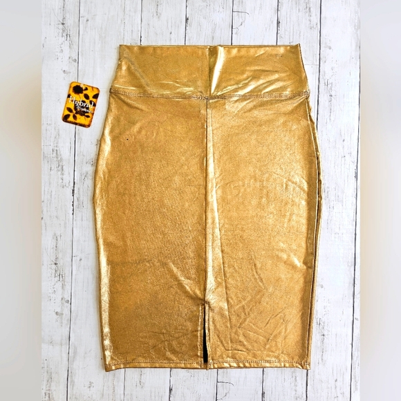 NEW Hybrid & Company Metallic Gold Wet Look High Waist Stretchy Bodycon Skirt - Picture 10 of 12